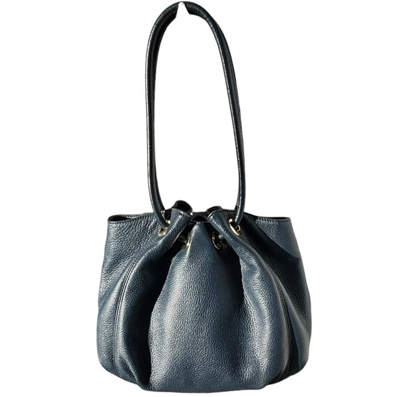 Michael Kors Navy Blue Leather Drawstring Ring Handles Satchel Shoulder Bag-Navy - Picture 2 of 15